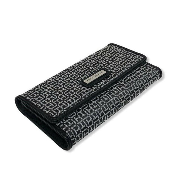 Tommy Hilfiger Womens Wallet Snap Closure Trifold Casual Checkbook - Black TH Monogram