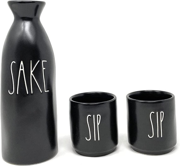 Rae Dunn by Magenta SAKE Pitcher SIP Cups Matte Black Ceramic Set