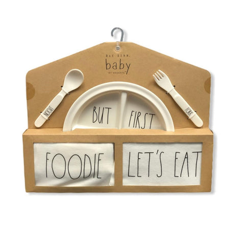 Rae Dunn Baby 5 Piece Gift Set: Plate Bib Bodysuit Utensils (0-3 Months) Foodie