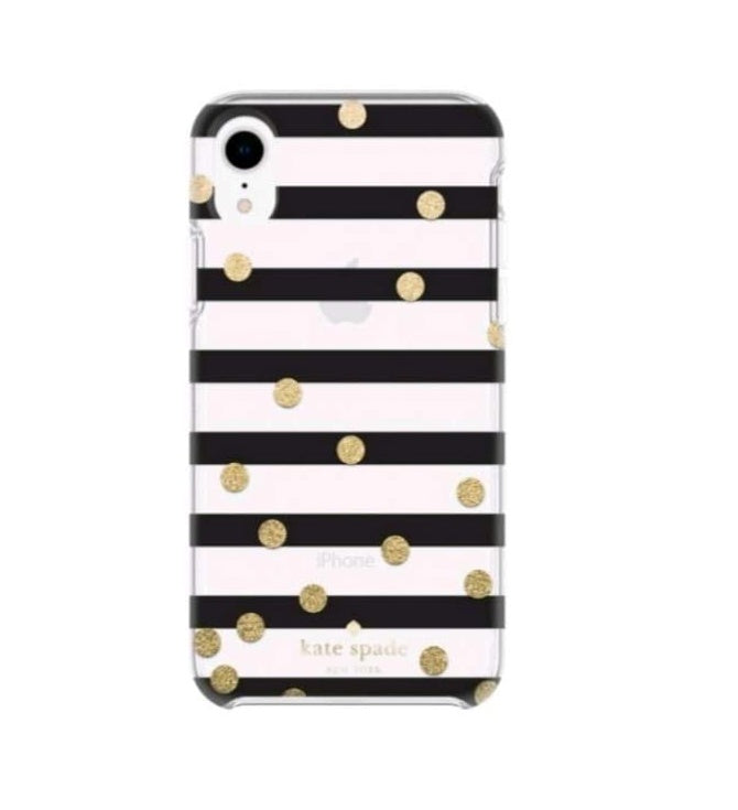 Kate Spade iPhone XR Case Clear With Black Stripes & Gold Confetti Dots
