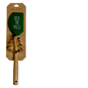 Rae Dunn Green DECK THE HALLS Spatula with Cookie Cutter Set