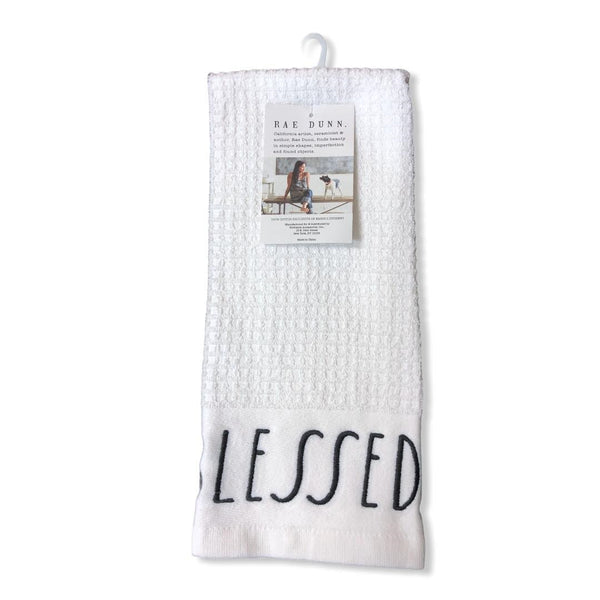 Rae Dunn Christmas Kitchen Towels Set of 2 White BLESSED - GRATEFUL