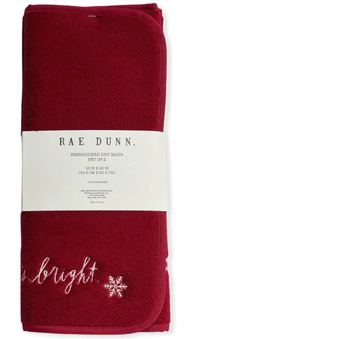 Rae Dunn Red MAKING SPIRITS BRIGHT Embroidered Dry Mats 16" x 20" - Set of 2