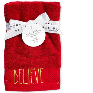 Rae Dunn Fingertip Towels Set of 2 Red - BELIEVE LL Gold 12'x 18' Holiday