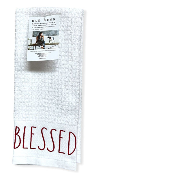Rae Dunn Christmas Kitchen Towels Set of 2 White BLESSED in Red