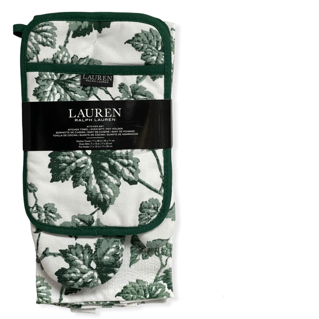 Lauren by Ralph Lauren Kitchen Set of 3 Christmas Floral Print Towel - Oven Mitt - Pot Holder