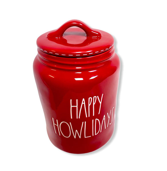 Rae Dunn by Magenta HAPPY HOWLIDAYS Red Ceramic LL Canister with White Letters