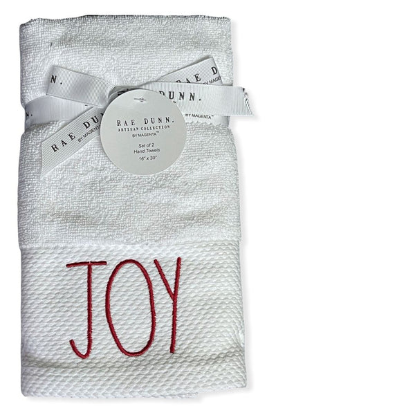 Rae Dunn Hand Towels White Set of 2 - JOY LL Red 16'x 30' Christmas Holiday Bathroom & Home Decor