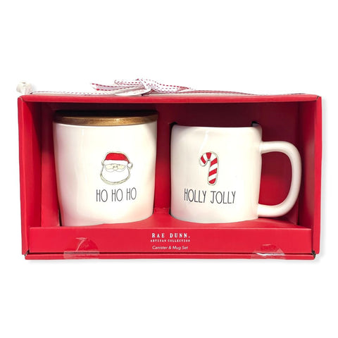 Rae Dunn By Magenta 2 Piece Set Ceramic LL HOLLY JOLLY Tea Mug & HO HO HO Canister Set