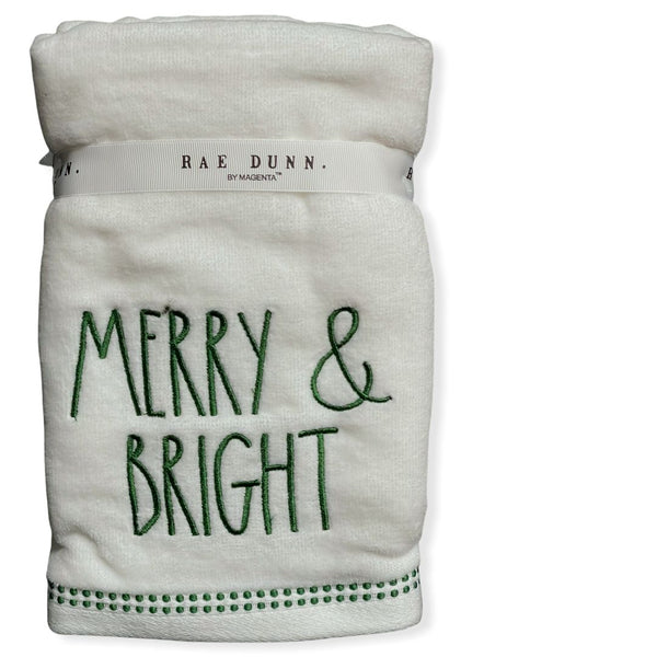 Rae Dunn Hand Towels White Set of 2  - MERRY & BRIGHT LL Green 16'x 30'