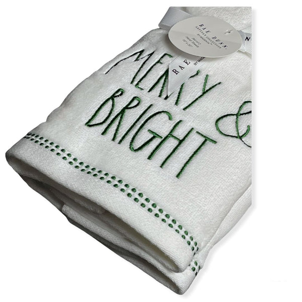 Rae Dunn Hand Towels White Set of 2  - MERRY & BRIGHT LL Green 16'x 30'