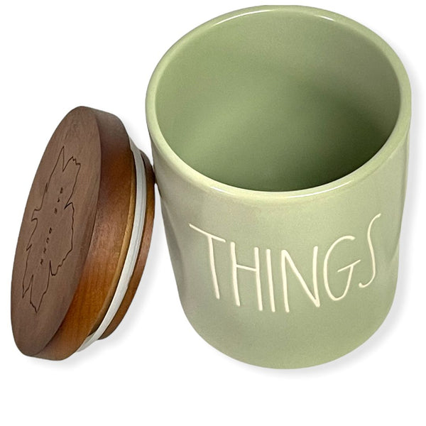 Rae Dunn By Magenta THINGS LL Font Canister Small Round Container Light Green