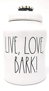 Rae Dunn by Magenta, Unique with Perfect Imperfections. Live, Love, BARK Canister. Ceramic, Beige, Black LL. 9in x 6in x 6in