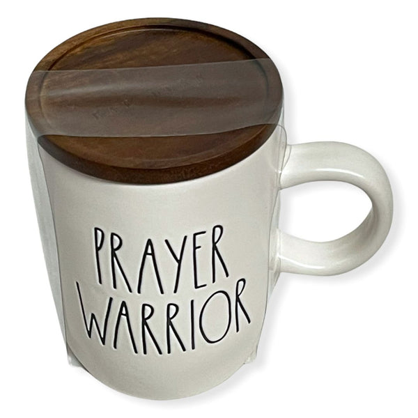 Rae Dunn PRAYER WARRIOR Mug with Lid New Christmas Holiday Coffee Mug Wooden Lid