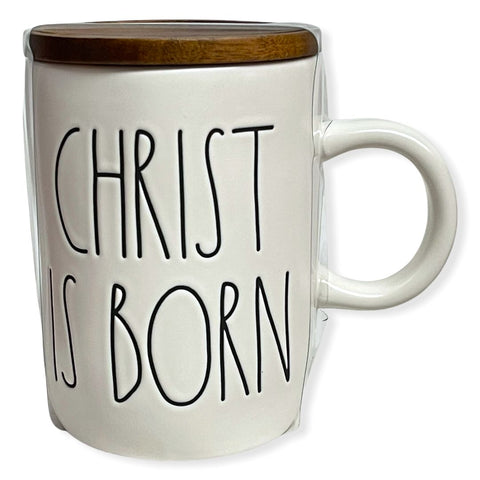 Rae Dunn CHRIST IS BORN Mug with Lid New Christmas Holiday Coffee Mug Wooden Lid