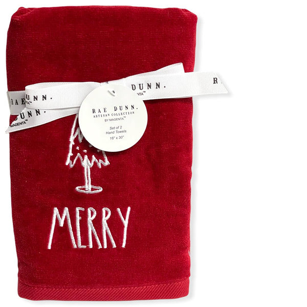 Rae Dunn Hand Towels Red Set of 2  - MERRY LL White 16'x 30' Christmas Holiday