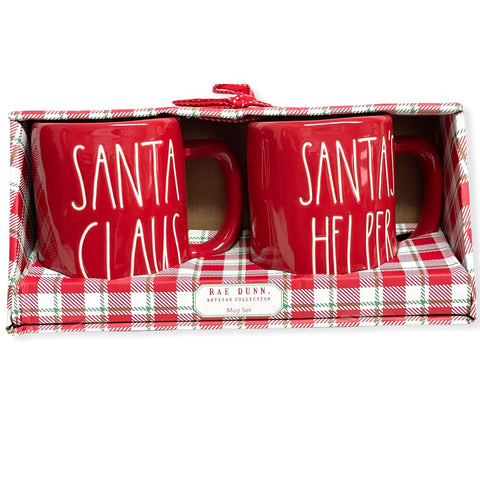 Rae Dunn Red SANTA CLAUS and SANTA'S HELPER Mug Coffee Tea Set of 2