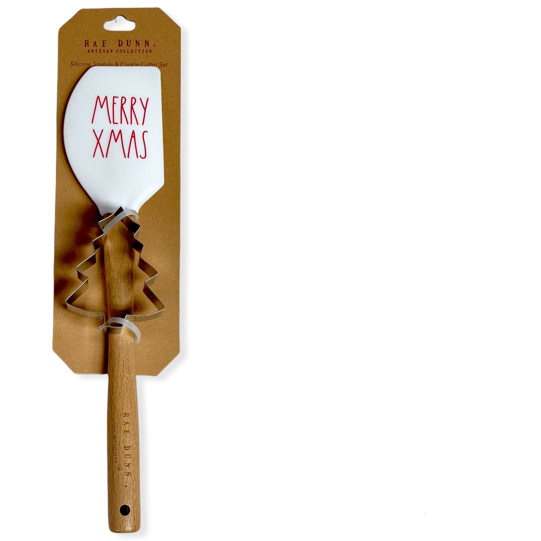 Rae Dunn White MERRY XMAS Spatula with Cookie Cutter Set