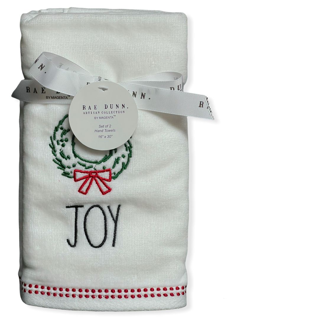 Rae Dunn Hand Towels White Set of 2 - JOY LL Black 16'x 30' Christmas Holiday