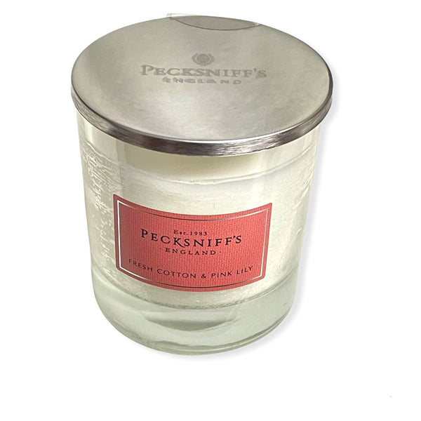 Pecksniff's Fresh Cotton & Pink Lily Candle 5.29 Oz. In Glass With Lid From England