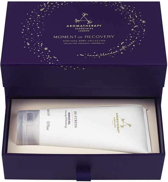 Aromatherapy Associates Moment of Recovery Holiday Gift containing De-Stress Muscle Gel 150ml, De-Stress Muscle Bath & Shower Oil 9ml, Muscle Massage Melt. Vegan.