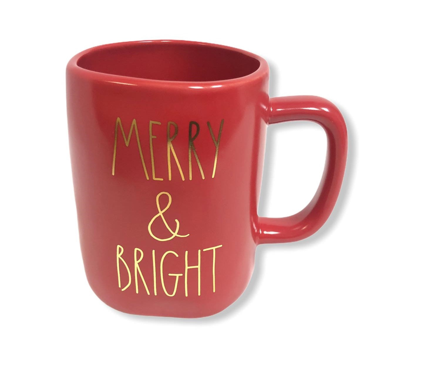 Rae Dunn Red MERRY & BRIGHT Coffee Mug with Gold LL Letter