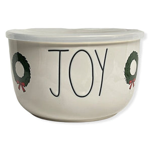 Rae Dunn White Ceramic Bowl "JOY" LL Font w/ Lid 7"