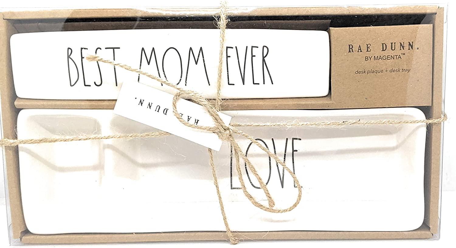 Rae Dunn  2 Piece Set- Desk Name Plate (8.5"x1.75"x1.75") and Desk Organizer in Large Letters LL Gift Set (Best MOM Ever/Love)