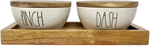 Rae Dunn 3 Piece PINCH DASH Ceramic Set With Wood