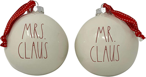 Rae Dunn By Magenta Set Of Two Mr Claus And Mrs Claus Christmas Ornaments - Artisan Collection- Beautiful White With Red Letters Ceramic Holiday Tree Ornaments/Bulbs- The Outstanding Work Of Rae Dunn