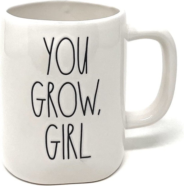 Rae Dunn  White YOU GROW GIRL Coffee Tea Double Sided Mug with Cactus Plant Icon on Back