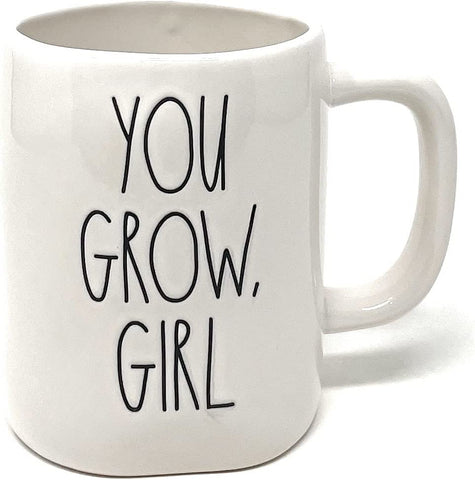 Rae Dunn  White YOU GROW GIRL Coffee Tea Double Sided Mug with Cactus Plant Icon on Back