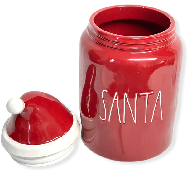 Rae Dunn Red SANTA LL Font Canister Round Container With Hat Topper