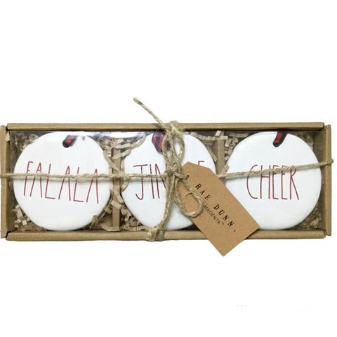 Rae Dunn Christmas Ornament Box Set of 3 Ceramic FA LA LA, JINGLE and CHEER