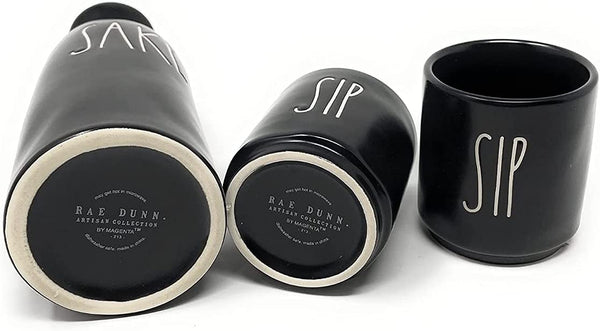 Rae Dunn by Magenta SAKE Pitcher SIP Cups Matte Black Ceramic Set