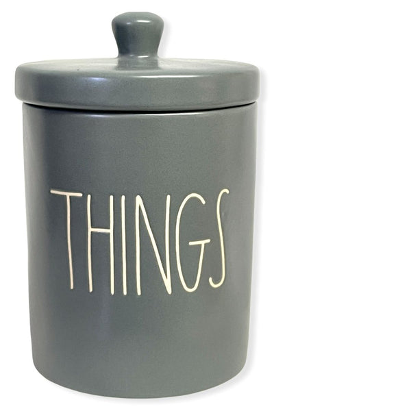Rae Dunn By Magenta THINGS LL Font Canister Small Round Container Dark Gray