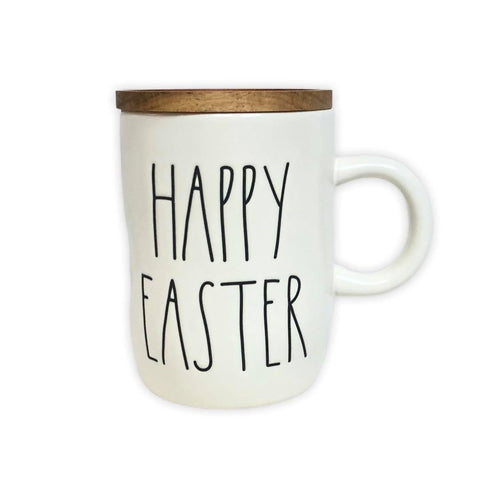 Rae Dunn HAPPY EASTER LL Font Coffee Mug Wood Lid Gift Tea Mug