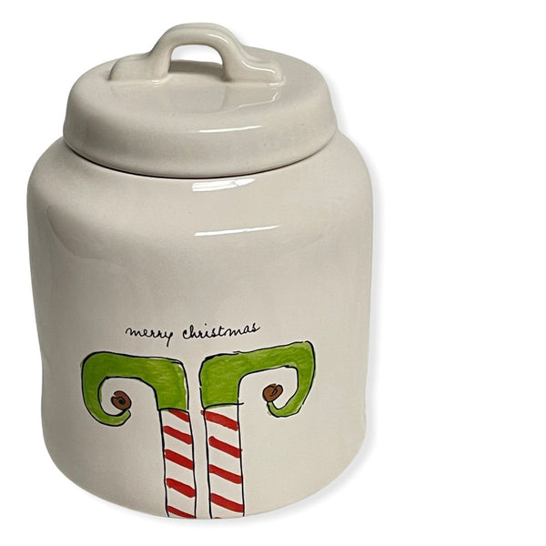 Rae Dunn MERRY CHRISTMAS ELF White Ceramic LL Canister With Black Letters