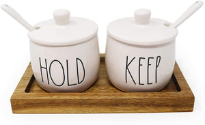 Rae Dunn HOLD KEEP 5 Piece Ceramic Condiment Pots Container Jars Set With Lids Serving Spoons & Wood Tray