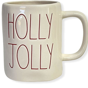 Rae Dunn HOLLY JOLLY LL Christmas Holiday White Coffee Tea Mug