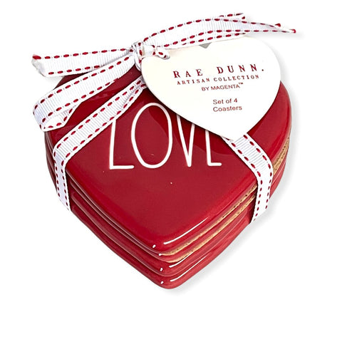 Rae Dunn by Magenta Red Ceramic Drink Coasters Set of 4 LOVE LL