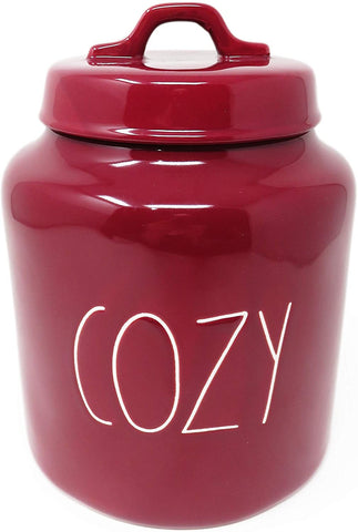 Rae Dunn By Magenta COZY Burgundy Ceramic LL Large Size 8 Inch Canister With White Letters 2020 Limited Edition
