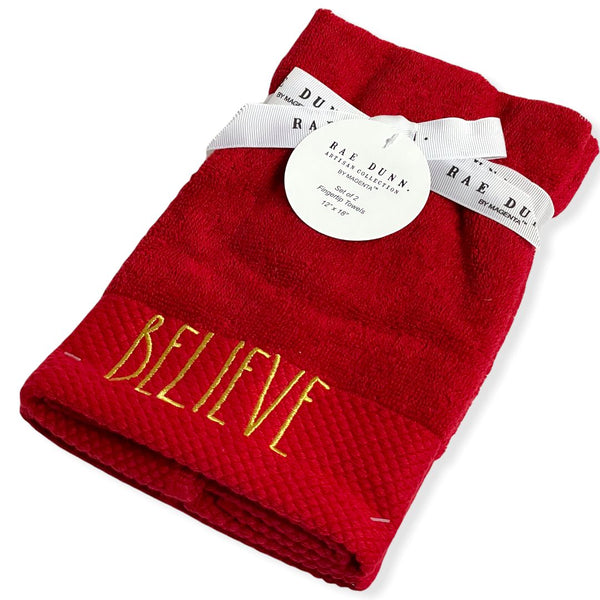 Rae Dunn Fingertip Towels Set of 2 Red - BELIEVE LL Gold 12'x 18' Holiday