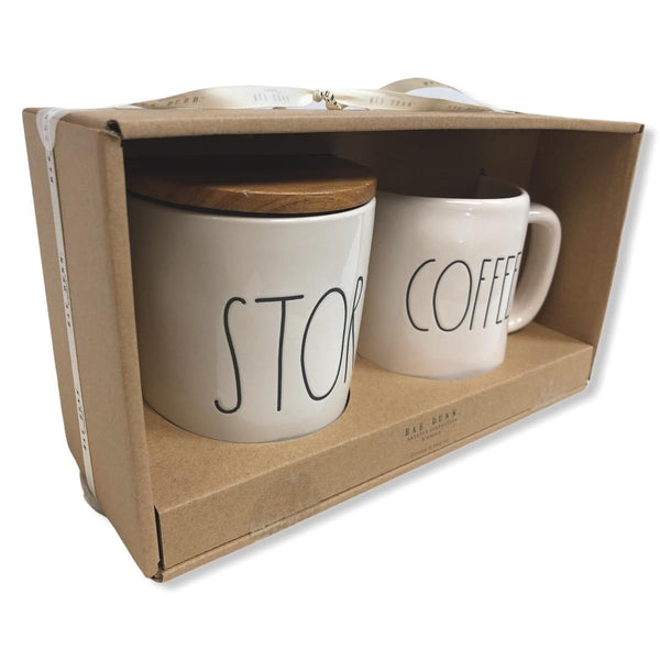 Rae Dunn By Magenta 2 Piece Set Ceramic COFFE Tea Mug & STORE Cellar Canister Set