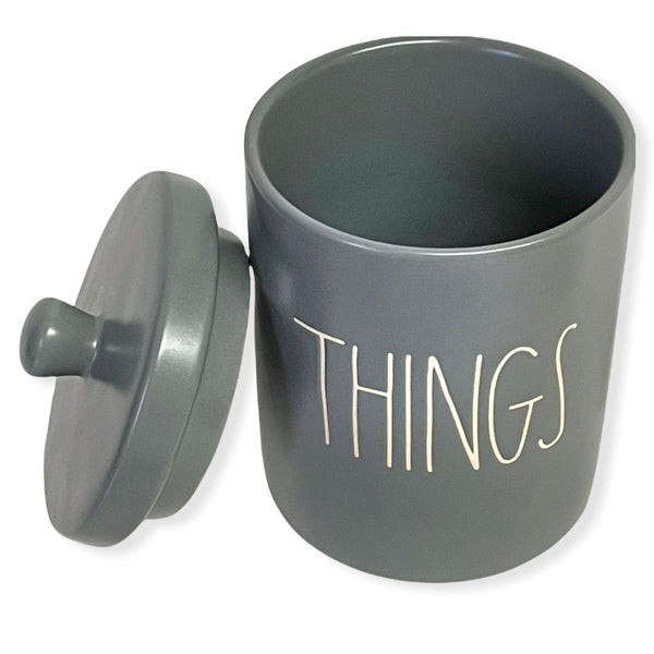 Rae Dunn By Magenta THINGS LL Font Canister Small Round Container Dark Gray