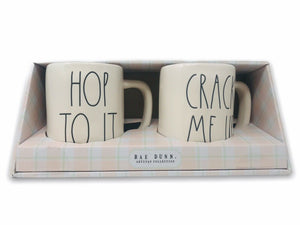 Rae Dunn by Magenta HOP TO IT & CRACK ME UP  Coffee Tea Mug Set of 2