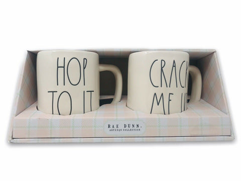 Rae Dunn by Magenta HOP TO IT & CRACK ME UP  Coffee Tea Mug Set of 2