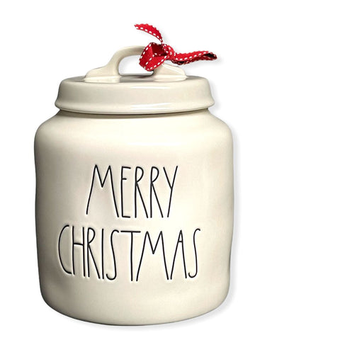 Rae Dunn By Magenta MERRY CHRISTMAS White Ceramic LL Canister With Black Letters
