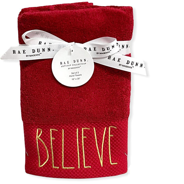 Rae Dunn Hand Towels Red Set of 2 - BELIEVE LL Gold 16'x 30' Christmas Holiday