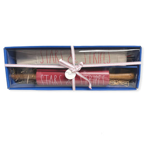 Rae Dunn by Magenta Red Bake STARS & STRIPES Rolling Pin and Apron Gift Set